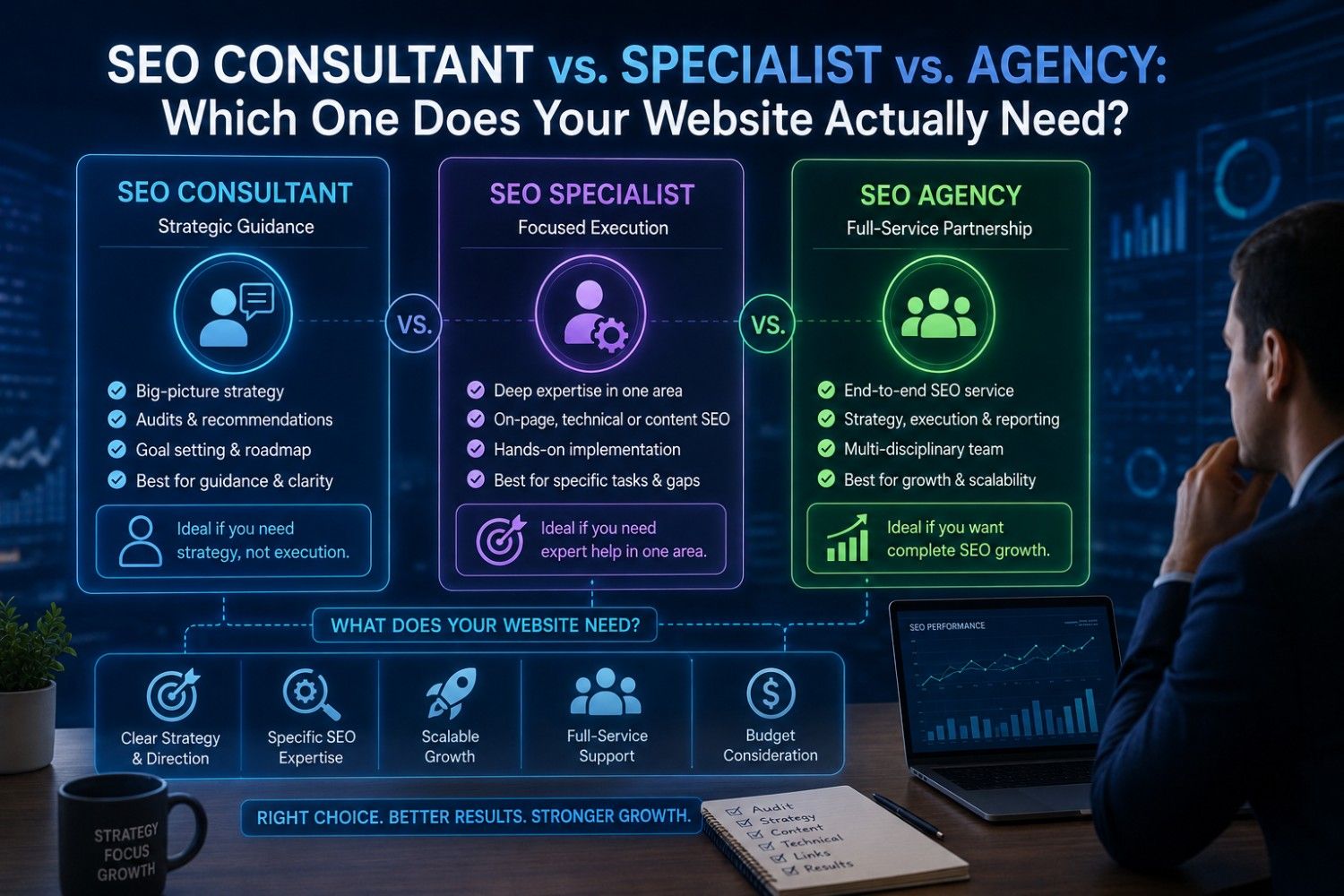SEO Consultant Vs. Specialist Vs. Agency